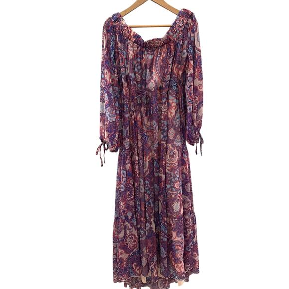 ASOS Design Curve Metallic Off-The-Shoulder Maxi Dress Purple Paisley Size 14 - Picture 4 of 12